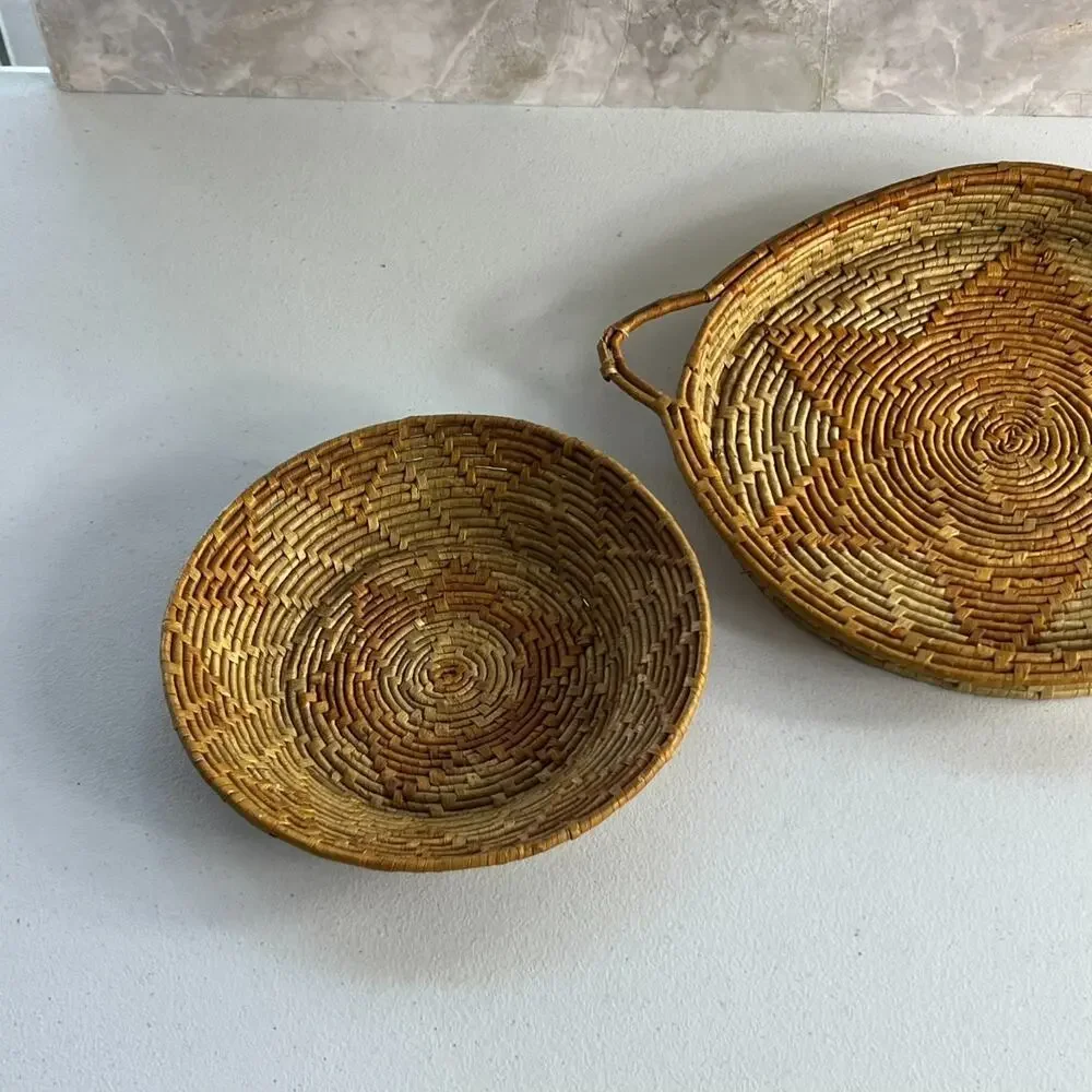 Set of 2 Round Coiled Woven Natural Baskets Double Handles Decor